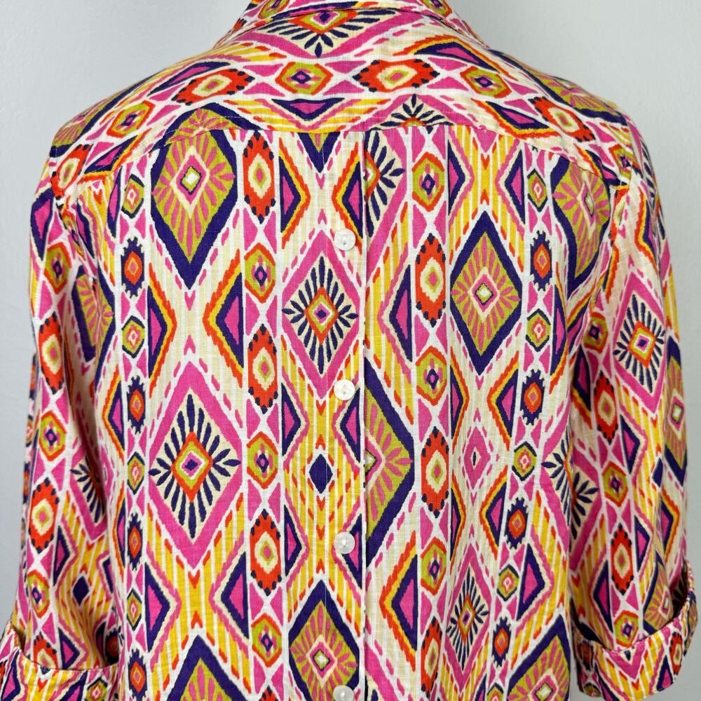 Chico's | Sz 0 Ikat 100% Linen Button-Back No Iron Colorful Button Up Shirt - Picture 8 of 14